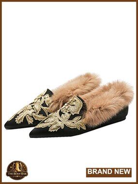 Fericzot Womens Embroidery Plush Lamb Fur Velvet Mule Slippers Pointed Toe